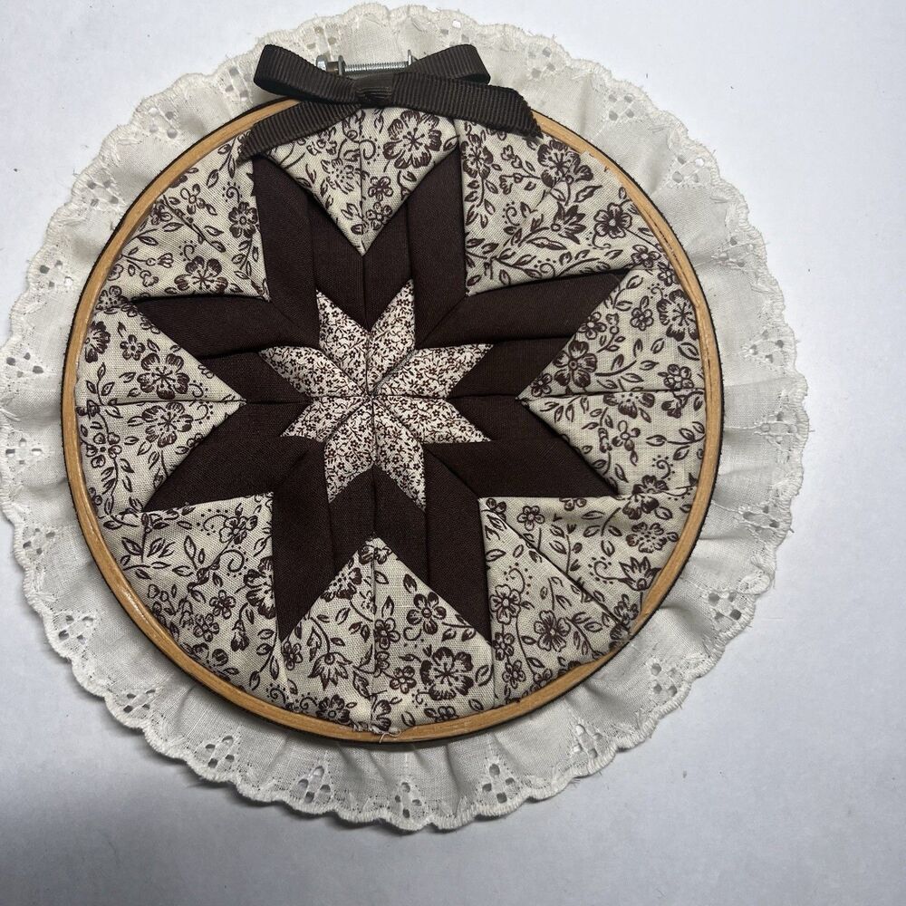 Vtg 1985 Handmade Quilted Folded Star Embroidery Hoop Wall Art Cottagecore